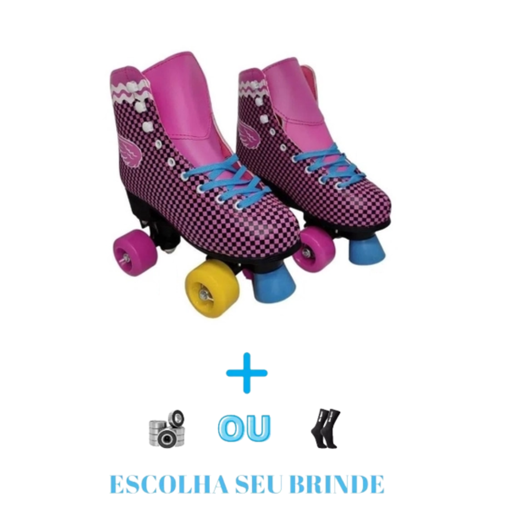 PATINS ROLLER QUAD CLASSICO ROSA  XADREZ + BRINDE