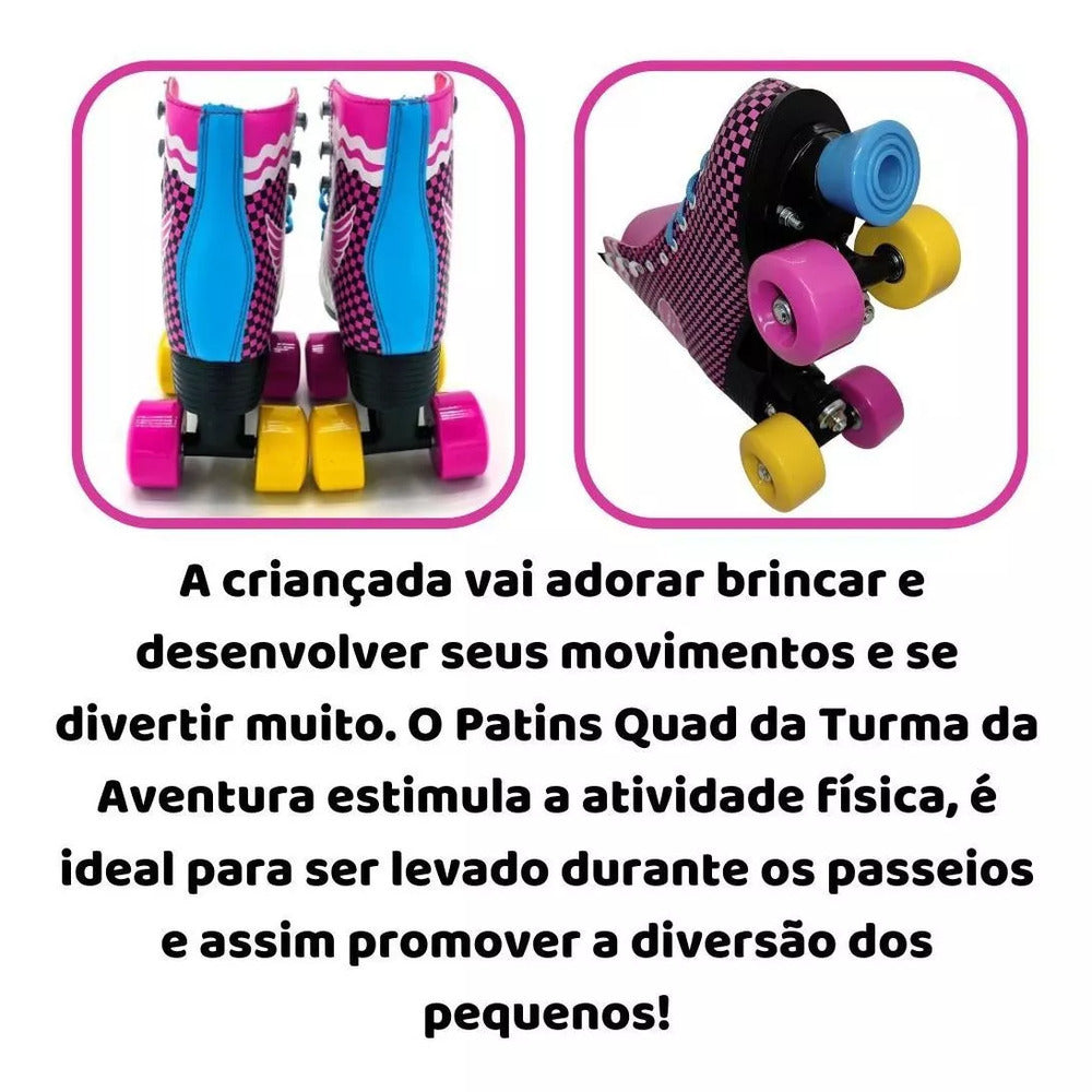 PATINS ROLLER QUAD CLASSICO ROSA  XADREZ + BRINDE