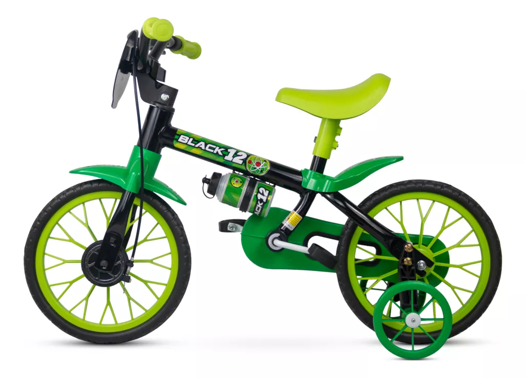 BICICLETA  ARO 12 NATHOR CAIRU BLACK LION PT/VERD COM RODINHAS