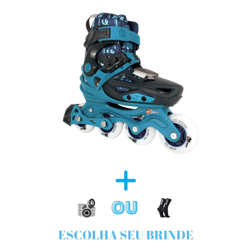 PATINS TRAXART X-LIGHT AZUL  AJUSTAVEL COM RODAS DE LED ABEC 9