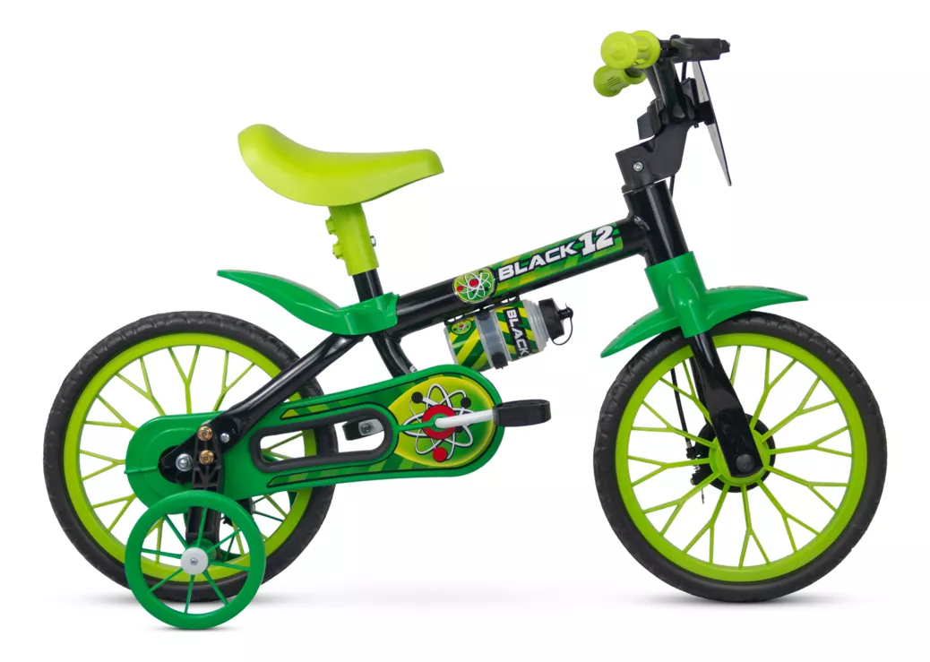 BICICLETA  ARO 12 NATHOR CAIRU BLACK LION PT/VERD COM RODINHAS