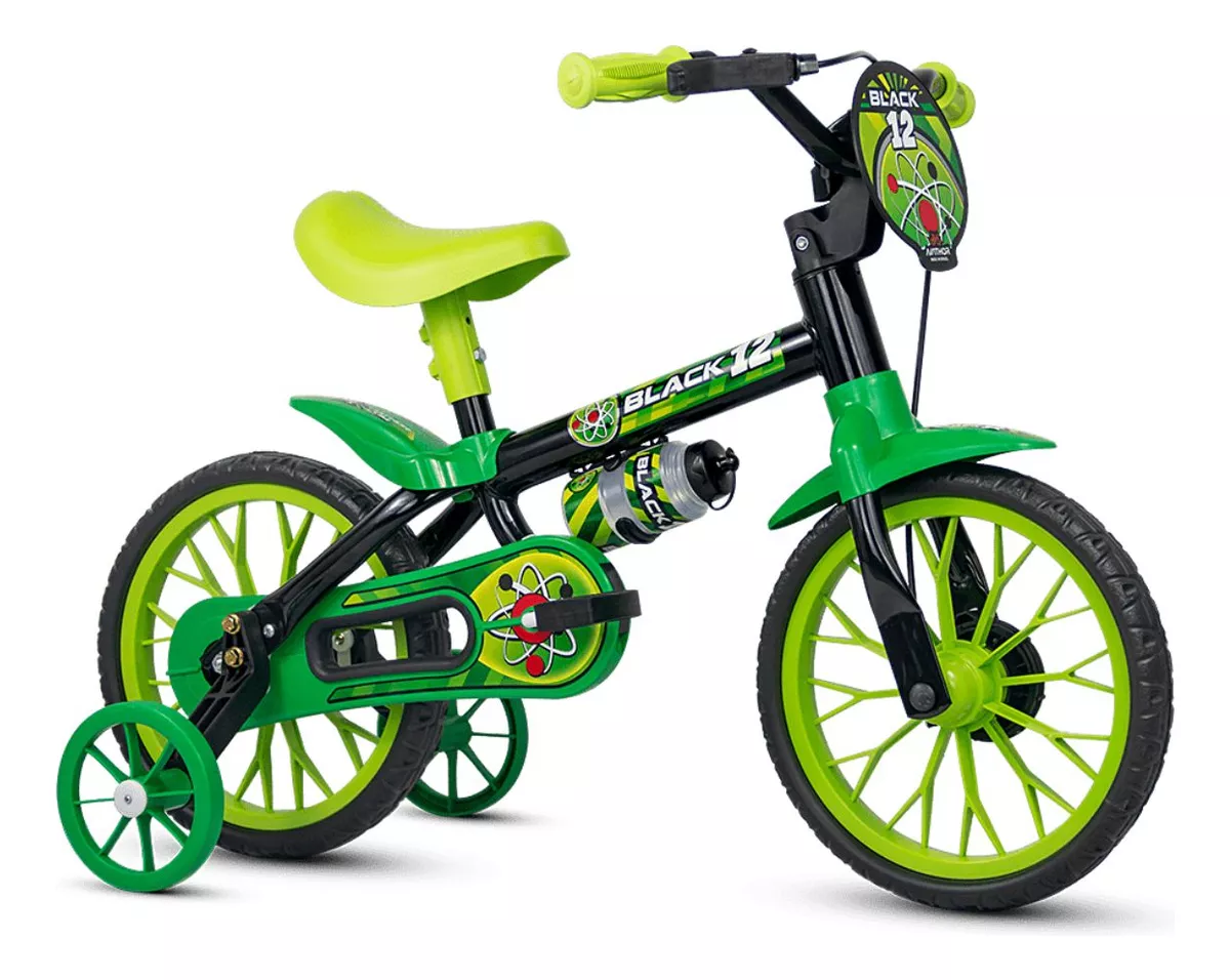 BICICLETA  ARO 12 NATHOR CAIRU BLACK LION PT/VERD COM RODINHAS